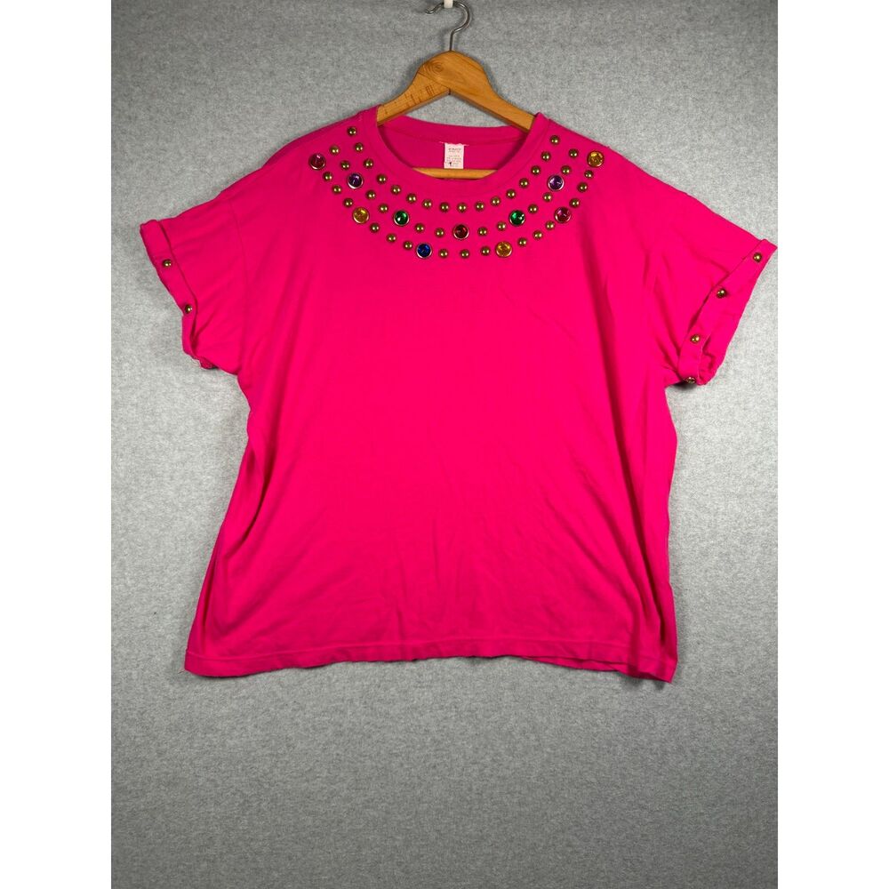 Vintage FAST Hot Pink Jeweled Studded T-Shirt One Size Approx 2X 3928